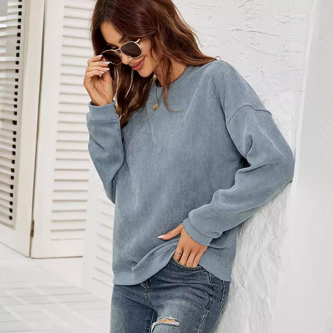 Sweatshirt en corduroy, col rond, manches longues, femme.