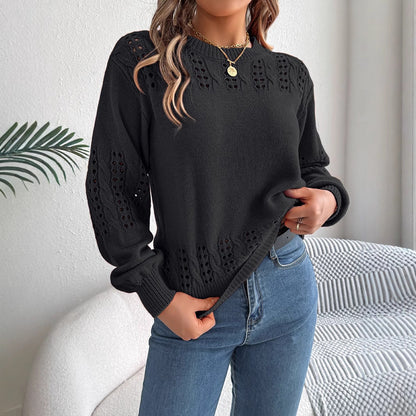 Pull en tricot à manches lanternes ajourées pour femme