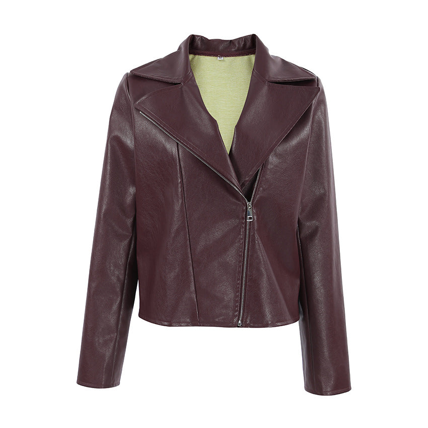 Veste rouge bordeaux en similicuir avec col tailleur