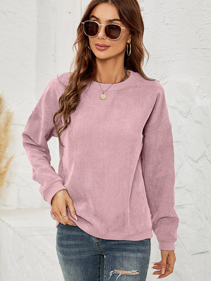 Sweatshirt en corduroy, col rond, manches longues, femme.