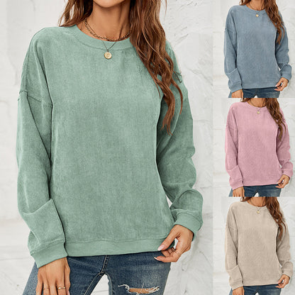 Sweatshirt en corduroy, col rond, manches longues, femme.